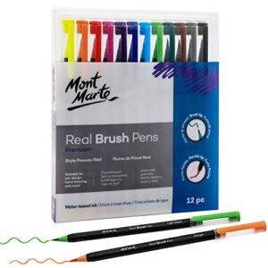mont marte premium watercolor real brush pens, 12pc artist coloring set, super flexible brush tip, perfect for creating a range of strokes, ideal for art, design, lettering and coloring