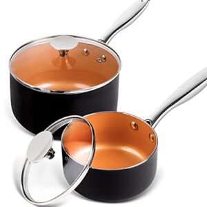 michelangelo saucepans, 1qt & 3qt copper saucepan set with non-stick ceramic interior for multipurpose use, nonstick saucepan with lid, copper small pots 1 quart & 3 quart