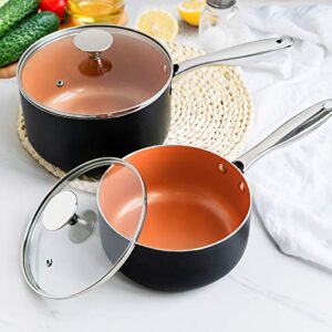 MICHELANGELO Saucepans, 1QT & 3QT Copper Saucepan Set With Non-stick Ceramic Interior For Multipurpose Use, Nonstick Saucepan With Lid, Copper Small Pots 1 Quart & 3 Quart