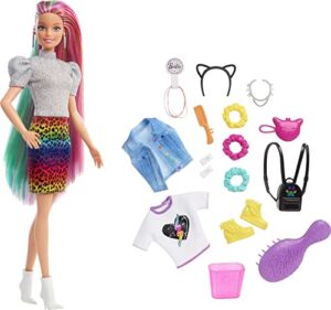 barbie doll leopard rainbow hair with color-change highlights & 16 styling accessories including clothes, scrunchies, brush & more