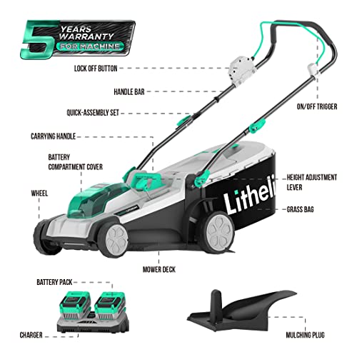 Litheli Cordless Lawn Mower 17 Inch, 2 x 20V 4.0Ah Battery Lawn Mowers with Brushless Motor, Bagging & Mulching, Charger Included