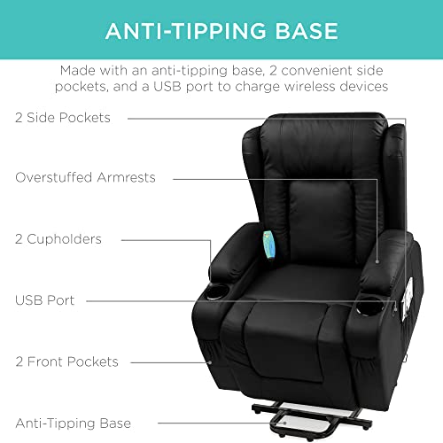 Best Choice Products Electric Power Lift Recliner Massage Chair, Adjustable Furniture for Back, Lumbar, Legs w/ 3 Positions, USB Port, Heat, Cupholders, Easy-to-Reach Side Button - Black