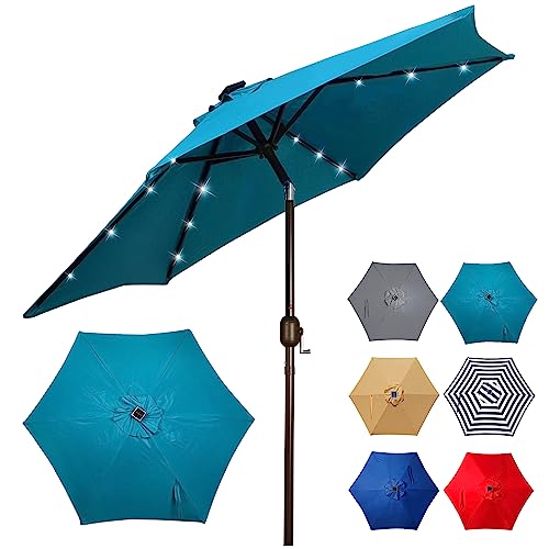 Blissun 7.5 ft Solar Umbrella 18 LED Lighted Patio Umbrella Table Market Umbrella with Tilt and Crank Outdoor Umbrella for Garden, Deck, Backyard, Pool and Beach, Cerulean