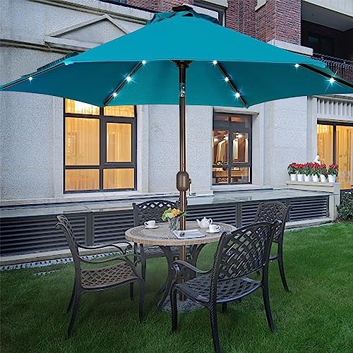 Blissun 7.5 ft Solar Umbrella 18 LED Lighted Patio Umbrella Table Market Umbrella with Tilt and Crank Outdoor Umbrella for Garden, Deck, Backyard, Pool and Beach, Cerulean