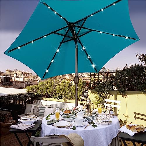 Blissun 7.5 ft Solar Umbrella 18 LED Lighted Patio Umbrella Table Market Umbrella with Tilt and Crank Outdoor Umbrella for Garden, Deck, Backyard, Pool and Beach, Cerulean