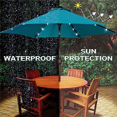 Blissun 7.5 ft Solar Umbrella 18 LED Lighted Patio Umbrella Table Market Umbrella with Tilt and Crank Outdoor Umbrella for Garden, Deck, Backyard, Pool and Beach, Cerulean