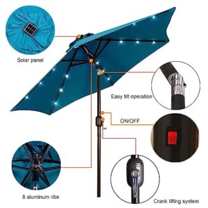 Blissun 7.5 ft Solar Umbrella 18 LED Lighted Patio Umbrella Table Market Umbrella with Tilt and Crank Outdoor Umbrella for Garden, Deck, Backyard, Pool and Beach, Cerulean