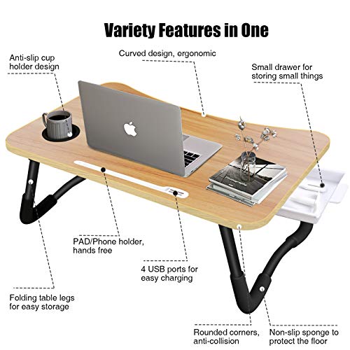 Laptop Bed Desk,Portable Foldable Laptop Lap Desk Tray Table with USB Charge Port/Cup Holder/Storage Drawer,for Bed/Couch/Sofa Working, Reading