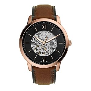 fossil men's neutra automatic stainless steel and eco leather three-hand skeleton watch, color: rose gold, brown (model: me3195)