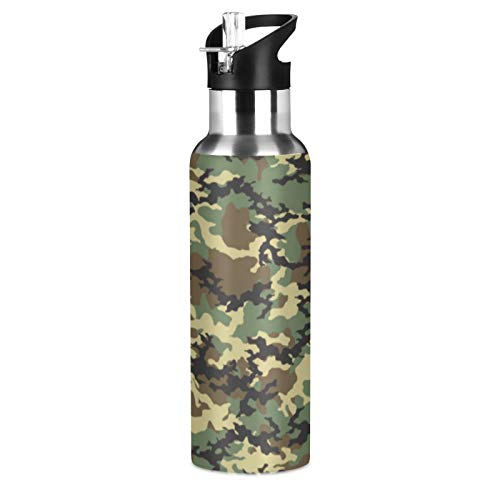 AUUXVA Military Print Camo Water Bottle Vacuum Insulated Stainless Steel Thermos Mug Kids Water Bottle with Straw and Handle Keep Hot Cold Sport Bike Fit Travel Outdoor 20 oz