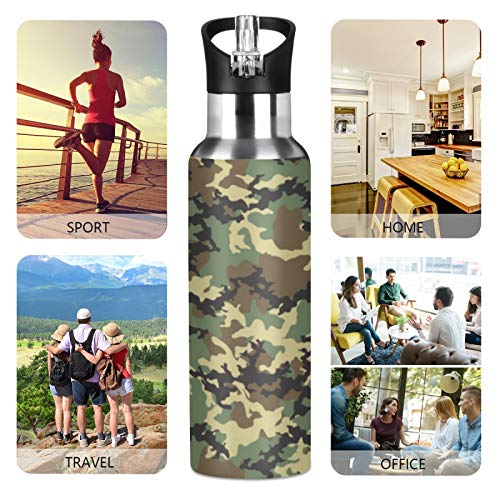 AUUXVA Military Print Camo Water Bottle Vacuum Insulated Stainless Steel Thermos Mug Kids Water Bottle with Straw and Handle Keep Hot Cold Sport Bike Fit Travel Outdoor 20 oz