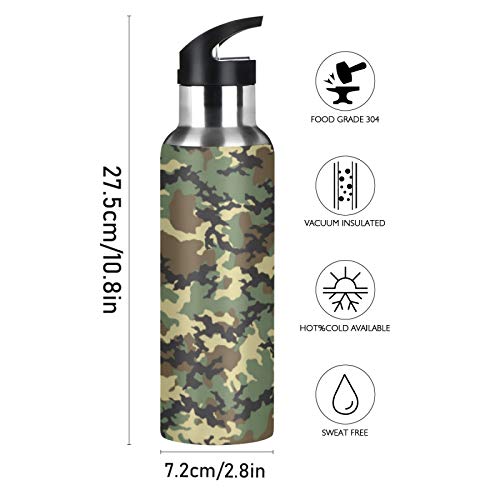 AUUXVA Military Print Camo Water Bottle Vacuum Insulated Stainless Steel Thermos Mug Kids Water Bottle with Straw and Handle Keep Hot Cold Sport Bike Fit Travel Outdoor 20 oz