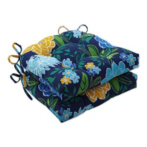 pillow perfect floral indoor/outdoor chairpad with ties, reversible, tufted, weather, and fade resistant, 15.5" x 16", blue/yellow spring bling, 2 count