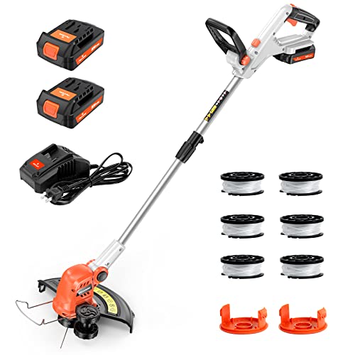 PAXCESS 20V 12-Inch Cordless String Trimmer/Weed Eater, 2 PCS 2.0Ah Battery & Charger Weed Wacker, 6 PCS Spool Line & 2 Cap Included, 180° Rotatable Handle, Adjustable Rod Length, Lightweight