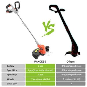 PAXCESS 20V 12-Inch Cordless String Trimmer/Weed Eater, 2 PCS 2.0Ah Battery & Charger Weed Wacker, 6 PCS Spool Line & 2 Cap Included, 180° Rotatable Handle, Adjustable Rod Length, Lightweight