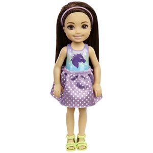 barbie chelsea doll, small doll with long straight black hair & brown eyes in removable dress & yellow shoes