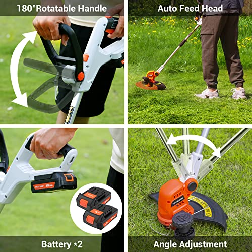 PAXCESS 20V 12-Inch Cordless String Trimmer/Weed Eater, 2 PCS 2.0Ah Battery & Charger Weed Wacker, 6 PCS Spool Line & 2 Cap Included, 180° Rotatable Handle, Adjustable Rod Length, Lightweight