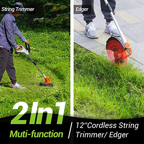 PAXCESS 20V 12-Inch Cordless String Trimmer/Weed Eater, 2 PCS 2.0Ah Battery & Charger Weed Wacker, 6 PCS Spool Line & 2 Cap Included, 180° Rotatable Handle, Adjustable Rod Length, Lightweight