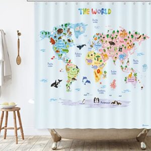 bashom bsc-615 animal world map shower curtain set for kids waterproof washable decorative bathroom 71''x71'' (180x180cm) polyester fabric with 12 hooks colourful educational country liner tapestry