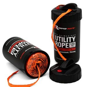 rapid rope canister 120ft orange flat tactical paracord, made in usa, 1100lb tested heavy duty poly rope test cord, non-tangle dispenser - hiking, camping, survival, utility, climbing, and general use