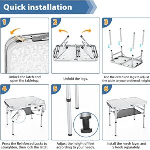 Sportneer Camping Table, Adjustable Height Small Folding Table with Mesh Layer Portable Camp Tables with Aluminum Legs for Outdoor Camp Picnic Beach BBQ Cooking (23.6" L x 15.7" W (3 Height))