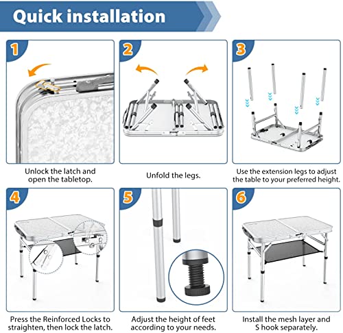 Sportneer Camping Table, Adjustable Height Small Folding Table with Mesh Layer Portable Camp Tables with Aluminum Legs for Outdoor Camp Picnic Beach BBQ Cooking (23.6" L x 15.7" W (3 Height))