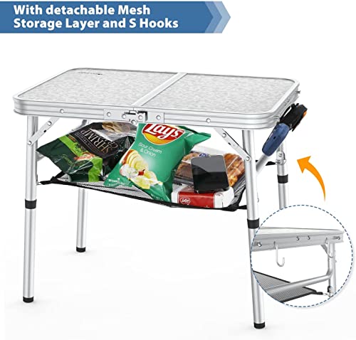 Sportneer Camping Table, Adjustable Height Small Folding Table with Mesh Layer Portable Camp Tables with Aluminum Legs for Outdoor Camp Picnic Beach BBQ Cooking (23.6" L x 15.7" W (3 Height))