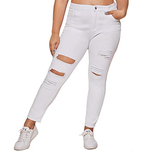 ALLABREVE Women's Plus Size Stretch Skinny Distressed High-Rise Jeans, High Waist Slim Fit Denim Jegging, Girlfriend Tight Jean Pants (Distressed High-Rise Skinny White, 2XL)