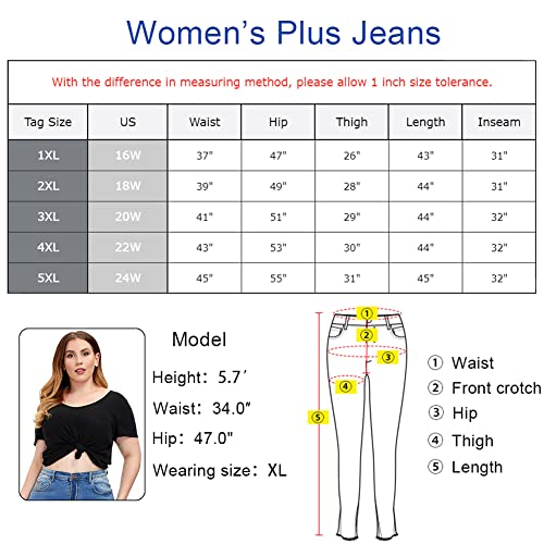 ALLABREVE Women's Plus Size Stretch Skinny Distressed High-Rise Jeans, High Waist Slim Fit Denim Jegging, Girlfriend Tight Jean Pants (Distressed High-Rise Skinny White, 2XL)