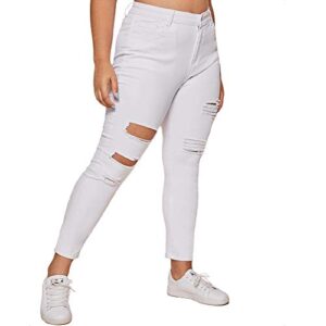 ALLABREVE Women's Plus Size Stretch Skinny Distressed High-Rise Jeans, High Waist Slim Fit Denim Jegging, Girlfriend Tight Jean Pants (Distressed High-Rise Skinny White, 2XL)