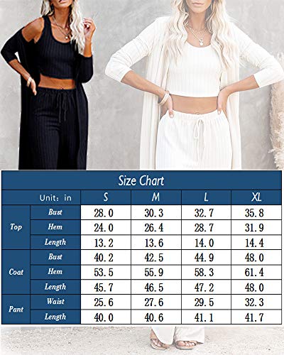 Fessceruna 3 piece Lounge Sets for Women Outfits Loungewear Long Kimono Cardigan Crop Tank Top Loose Pants A-white