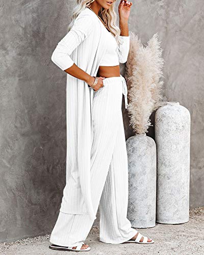 Fessceruna 3 piece Lounge Sets for Women Outfits Loungewear Long Kimono Cardigan Crop Tank Top Loose Pants A-white