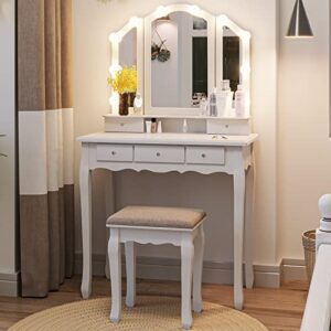 tiptiper vanity table set with lighted tri-folding mirror, makeup vanity with lights & 3 color lighting modes, vanity desk with mirror and cushioned stool, makeup table with 5 drawers, white