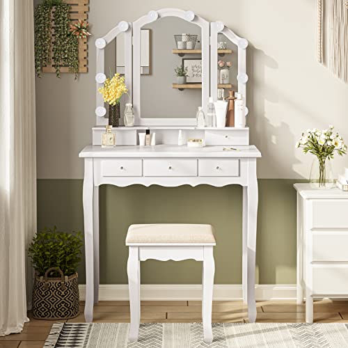 Tiptiper Vanity Table Set with Lighted Tri-Folding Mirror, Makeup Vanity with Lights & 3 Color Lighting Modes, Vanity Desk with Mirror and Cushioned Stool, Makeup Table with 5 Drawers, White