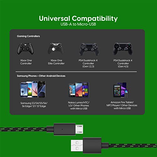 TALK WORKS Controller Charger Cord for Xbox One - 2 Pack 10 ft Nylon Braided Micro USB Charging Cable - Also Android Compatible with Samsung Galaxy, PS4