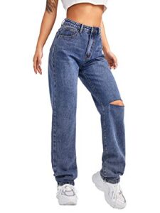 sweatyrocks women's high waist slant pocket denim jeans ripped straight leg pants blue l
