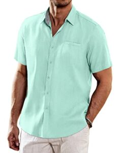 coofandy men's short sleeve linen shirts casual button down shirt summer beach tops green