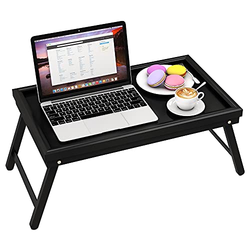 Bed Breakfast Tray Table Serving Lap Food TV Dinner for Eating with Folding Legs Black Bamboo