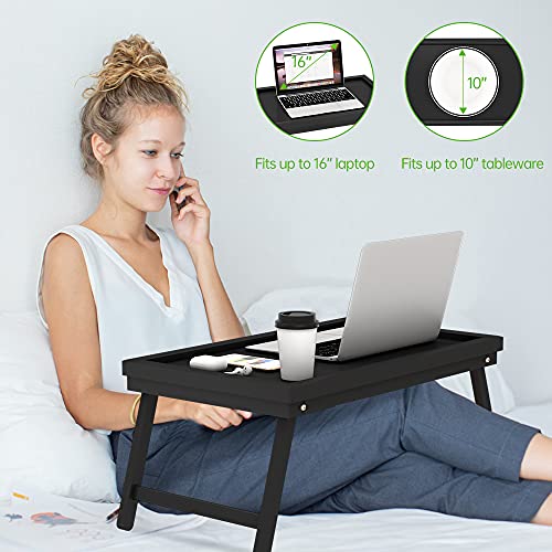 Bed Breakfast Tray Table Serving Lap Food TV Dinner for Eating with Folding Legs Black Bamboo