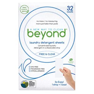 beyond laundry detergent sheets (32 sheets) - free & clear - eco-friendly, hypoallergenic. biodegradable. paraben free. travel friendly. plastic free packaging