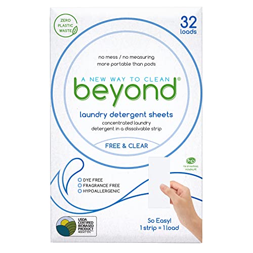 Beyond Laundry Detergent Sheets (32 sheets) - Free & Clear - Eco-friendly, Hypoallergenic. Biodegradable. Paraben free. Travel friendly. Plastic Free Packaging