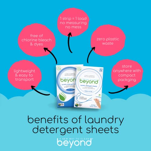 Beyond Laundry Detergent Sheets (32 sheets) - Free & Clear - Eco-friendly, Hypoallergenic. Biodegradable. Paraben free. Travel friendly. Plastic Free Packaging