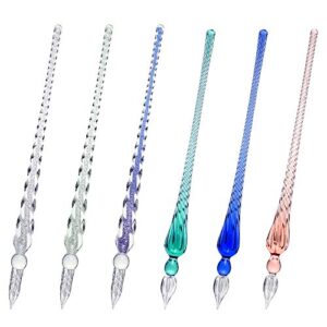 6 pieces handmade glass dip pen, high borosilicate glass crystal dip pen glass signature pen for writing drawing calligraphy decorations presents (silvery, ink blue, ice green, green, blue, pink)