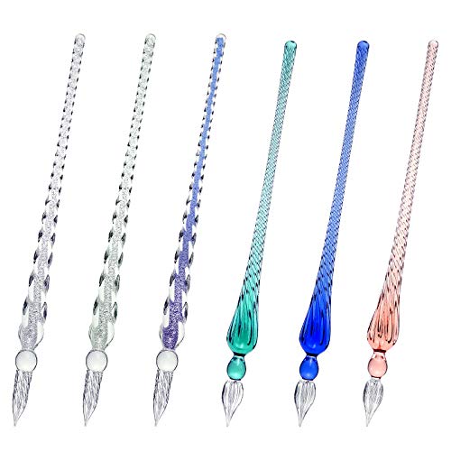 6 Pieces Handmade Glass Dip Pen, High Borosilicate Glass Crystal Dip Pen Glass Signature Pen for Writing Drawing Calligraphy Decorations Presents (Silvery, Ink Blue, Ice Green, Green, Blue, Pink)