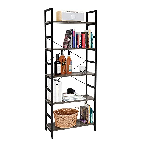 Bestier Bookshelf 5 Tier Bookcase Adjustable Shelves, Multifunctional Display Rack Storage Shelf Organizer Kitchen Standing Shelf for Home Office with Metal Frame,Gray