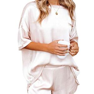 Tretra 2pcs Women Silk Satin Pajamas Set Sleepwear Loungewear Round Neck T-shirts Short Pants Button Down Pjs White