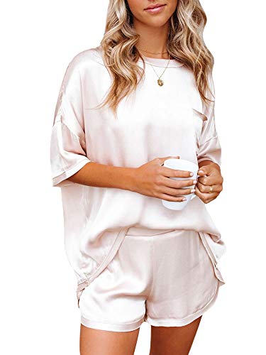 Tretra 2pcs Women Silk Satin Pajamas Set Sleepwear Loungewear Round Neck T-shirts Short Pants Button Down Pjs White