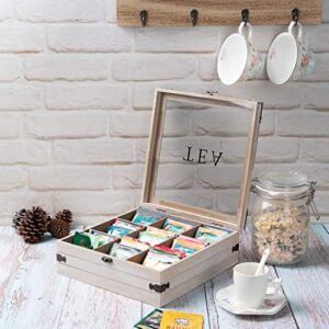 AHUONEL Tea Box Organizer Tea Bag Holder, 9 Compartments Rustic Tea Storage Box, Tea Chest Tea Organizer Container for Tea Bags, Creamers, Sugar, Coffee Pods, Instant Coffee Packets (Gray)