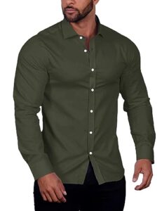 coofandy men's muscle fit dress shirts wrinkle-free long sleeve casual button down shirt (01-olive green(stretch fabric), x-large)