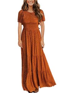 kranda 2023 summer dresses for women round neck short flutter sleeve casual swing flowy smocked ruffle tiered maxi floral dress camel xl